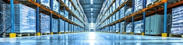 Fototapeta Expansive Cold Storage Warehouse Interior: Bottom View of Refrigerated Bulk Storage Facility for Business Distribution and Merchandise
