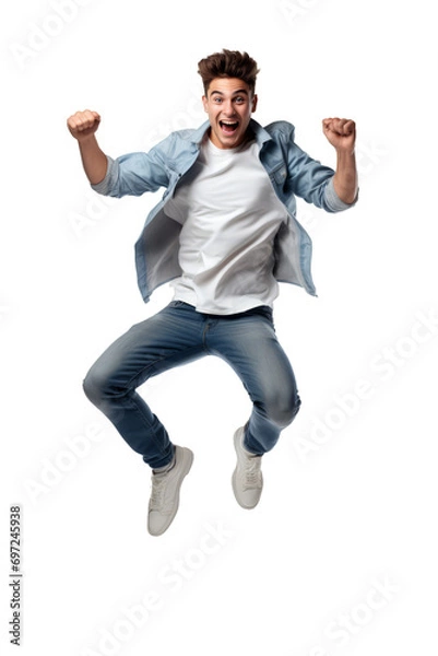Fototapeta Excited Young Man Jumping in Joy Isolated on White Background