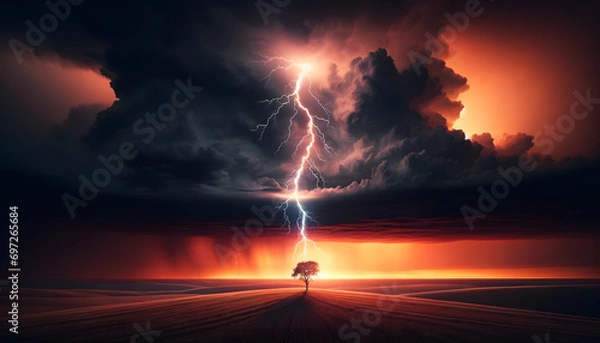 Fototapeta Intense lightning bolt striking a tree in an open plain at sunset, with dramatic orange-red sky and dark clouds