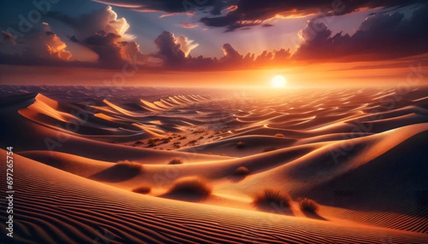 Fototapeta Photorealistic desert landscape at sunset, with rolling sand dunes, intricate patterns, scattered desert plants, and a sky in hues of orange, pink, and purple
