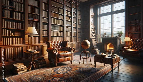 Fototapeta Classic library room with floor-to-ceiling bookshelves, a leather armchair, reading lamp, wooden table with globe and teacup, patterned carpet, and a fireplace