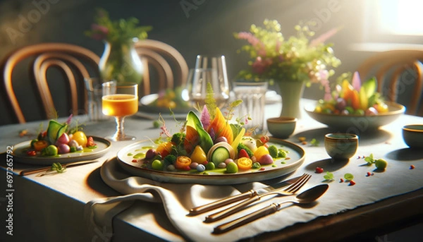 Fototapeta Gourmet dish on an elegant table, featuring vibrant colors and artistic plating with a softly blurred background
