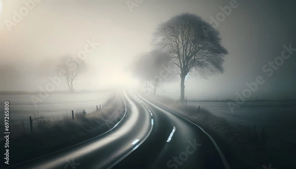 Fototapeta Early morning on a quiet, winding country road, shrouded in dense, white fog, with fields and sparse trees barely visible, creating a mysterious and solitary atmosphere