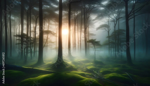 Fototapeta Tranquil dawn in a foggy forest, with towering trees partially veiled by thick fog, and the forest floor covered in lush green moss and fallen leaves.
