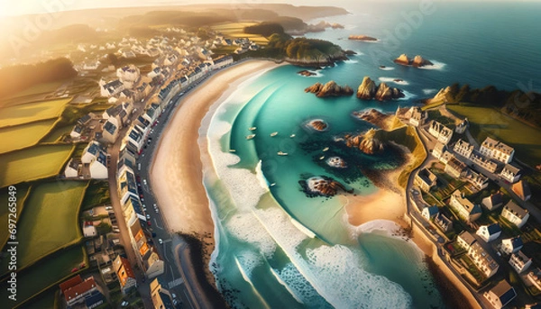 Fototapeta Aerial view of a picturesque coastal scene, showcasing a beach and a colorful town, captured with drone photography, highlighting the contrast between sea, sand, and urban landscape