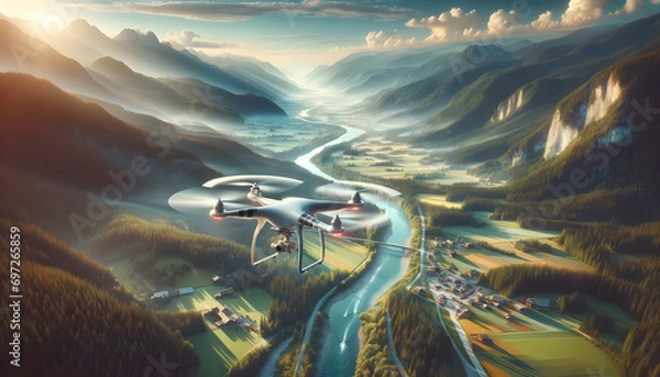 Fototapeta High-altitude aerial view of a scenic landscape captured by drone photography, featuring a harmonious blend of natural terrain and man-made structures.
