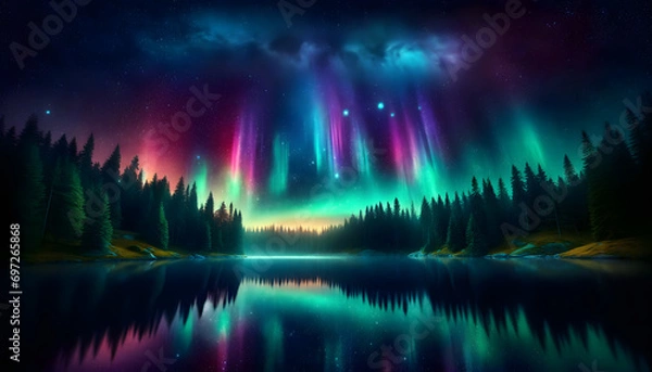 Fototapeta Photorealistic image of aurora borealis over a calm lake and dense forest, reflecting vibrant colors in the water, under a starry sky in a 16x9 format