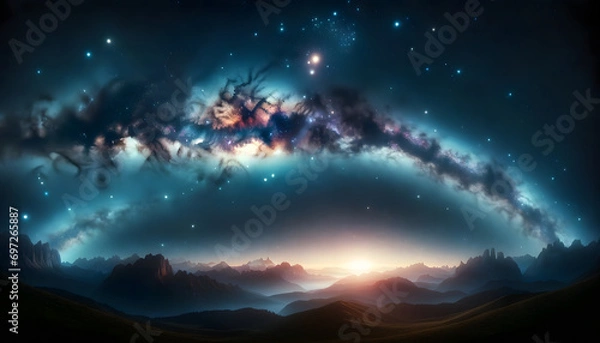Fototapeta A photorealistic astrophotography scene with the Milky Way galaxy arching over a landscape of silhouetted mountains and trees under a star-filled sky.