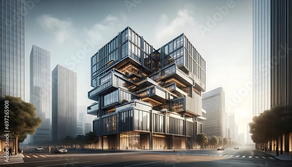 Fototapeta A photorealistic image of a modern glass and steel building, characterized by geometric shapes and sharp angles, set in an urban environment with soft, natural lighting