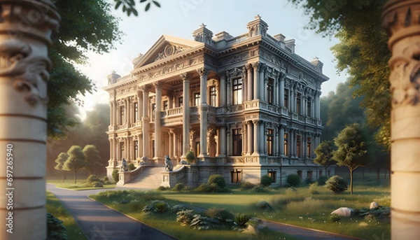 Fototapeta Photorealistic depiction of classic architecture, an ancient stone building with carvings and columns in a green, park-like setting, bathed in warm, golden light