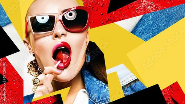 Obraz Composition of women in sunglasses with red lollipop