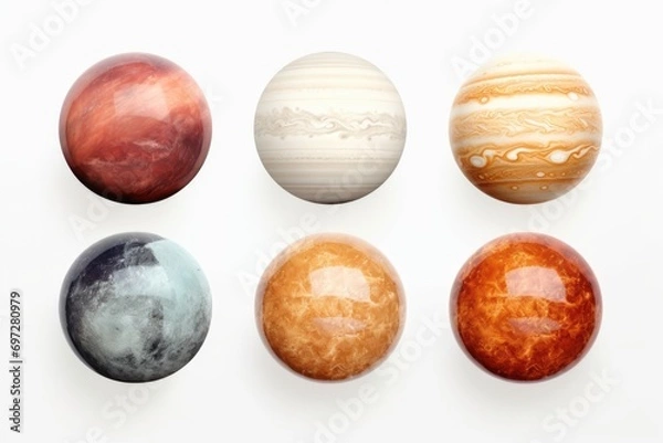 Fototapeta A picture of a group of eight planets on a white surface. Can be used for educational purposes or in science-related projects