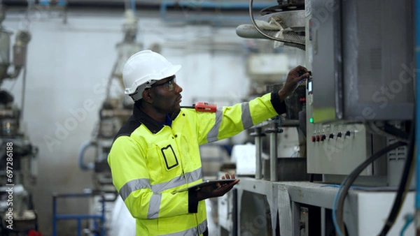 Fototapeta Engineer holding a digital tablet is checking the operation of a plastic machine. Worker inspects a CNC machine control board in Plastic factory.