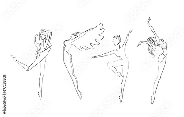 Fototapeta Woman dancers, girl with wings, dancer continuous line drawing, small tattoo, print for clothes and logo design, emblem, logo design, silhouette one single line, isolated abstract vector illustration.