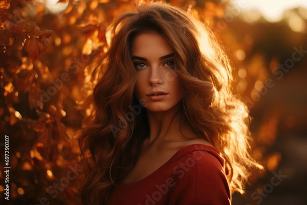 Fototapeta An atmospheric close-up of a young model during golden hour, this photo merges natural autumn beauty with a serene, expressive pose.