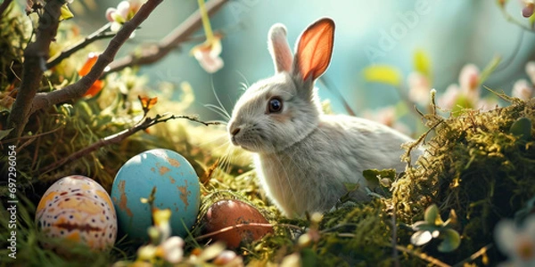 Obraz Easter postcard with eggs and bunny, generative AI, illustration