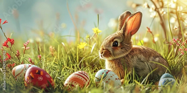 Obraz Easter postcard with eggs and bunny, generative AI, illustration