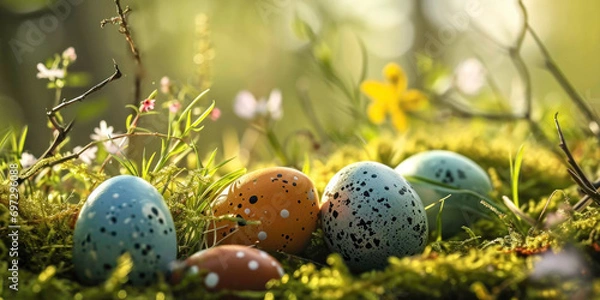 Obraz Easter postcard with eggs, generative AI, illustration