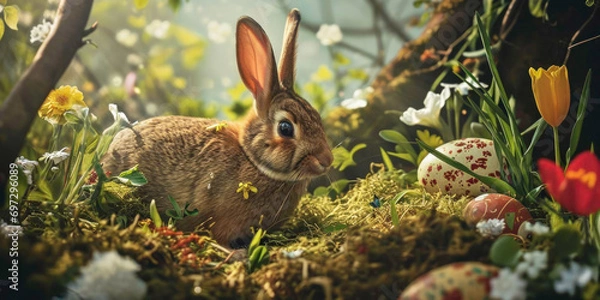 Obraz Easter postcard with eggs and bunny, generative AI, illustration