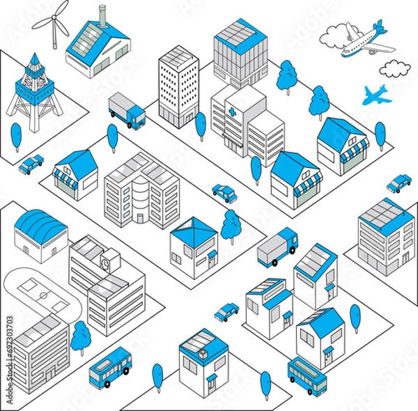 Obraz 車が走るシンプルな街並みの俯瞰イラスト（青色）