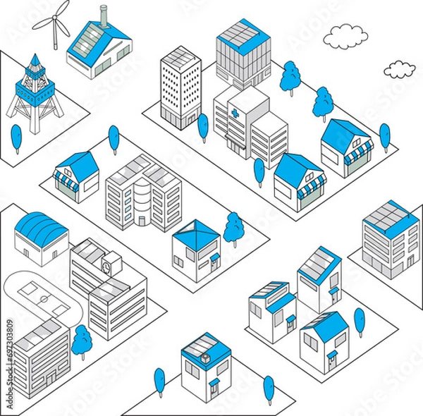 Obraz シンプルな街並みの俯瞰イラスト（青色）