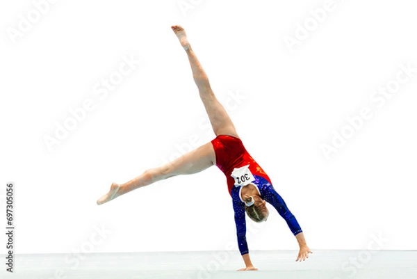 Obraz woman gymnast performing acrobatic on floor gymnastics, isolated on transparent background