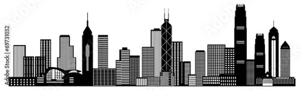 Fototapeta Hongkong City Skyline czarno -biała ilustracja wektorowa