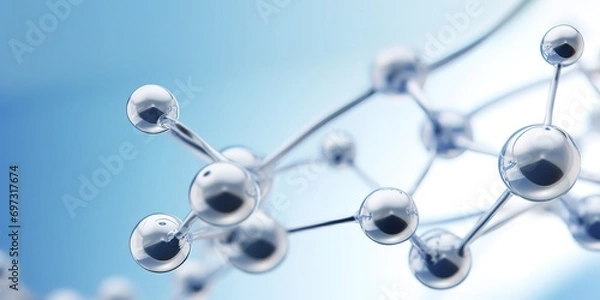 Fototapeta Silver colored atomic structure of molecules on blue background. Generative AI 