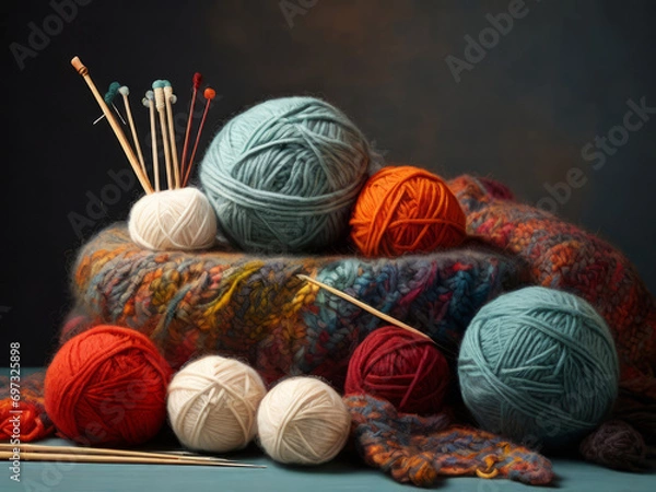 Obraz Fun creativity with a scarf: wool balls and knitting needles
