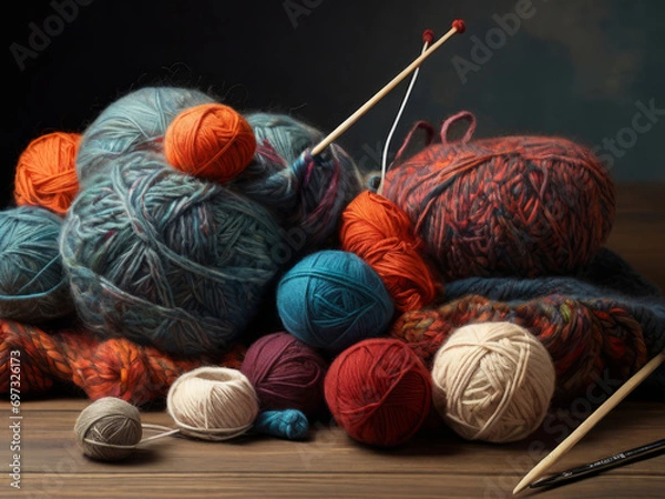 Obraz Exciting creativity with ball wool: needlewoman and knitted scarves