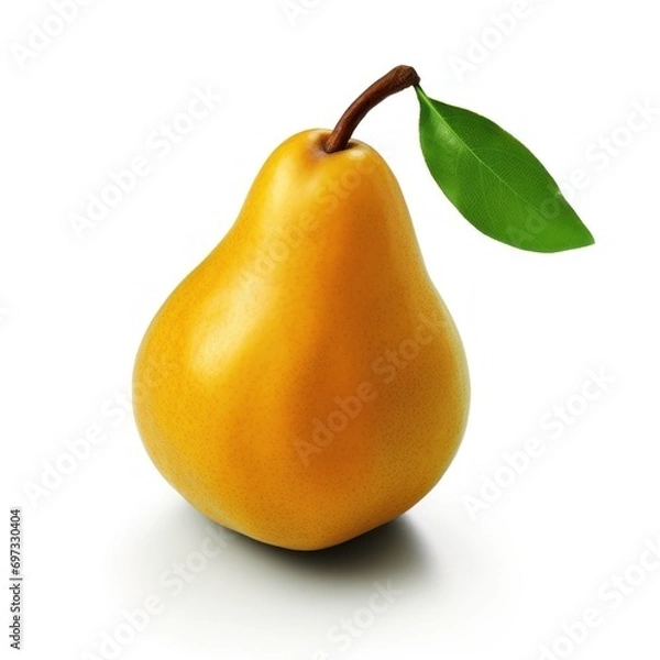 Fototapeta ripe yellow pear with leaf isolated on white