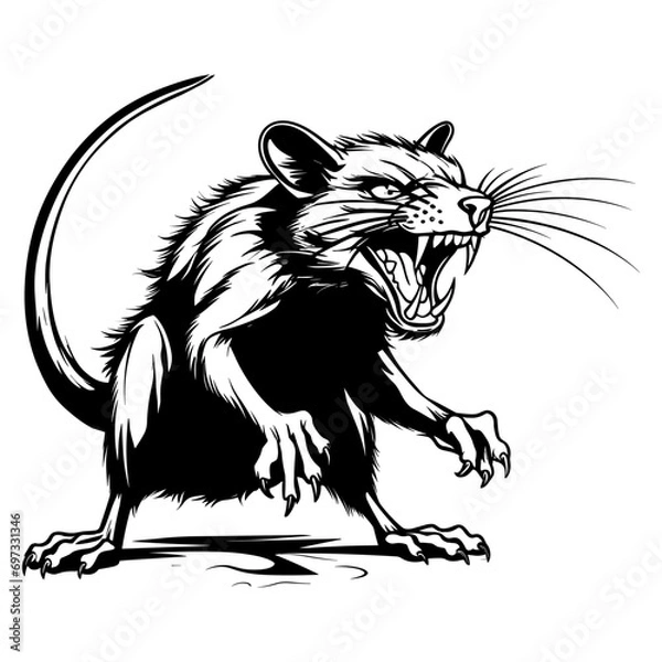 Fototapeta Angry mouse black and white silhouette, isolated on a white background