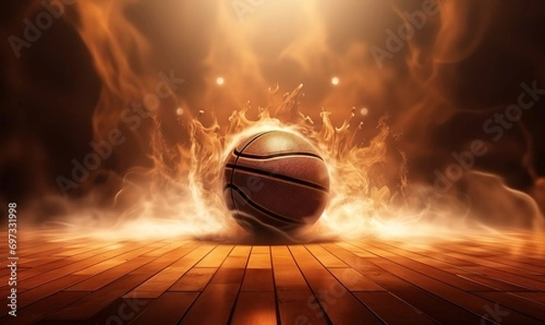 Fototapeta basketball photographed in the middle of the basketball court with the effects of spotlights and smoke. generative AI