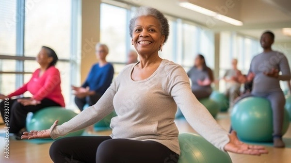 Obraz Elderly black woman smiling during a group fitness session with exercise balls in a bright gym.