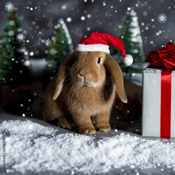 Obraz Fawn dwarf ram rabbit on a Christmas scenario