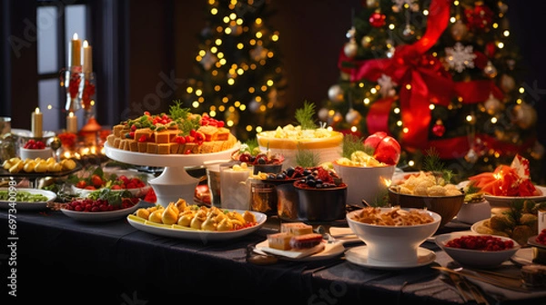Obraz festive Christmas dinner table full of various dishes, with a decorated Christmas tree in the background and lights giving a warm atmosphere