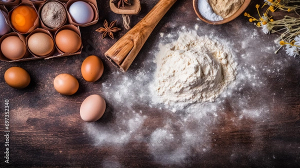 Fototapeta Flour, eggs, and spices elegantly arranged on a rustic wooden table