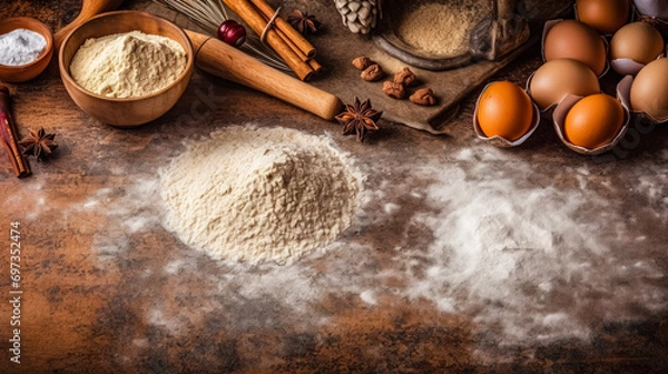 Fototapeta Flour, eggs, and spices elegantly arranged on a rustic wooden table
