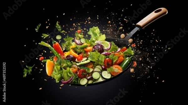 Fototapeta Fresh vegetable salad in a pan with splashes on a black background