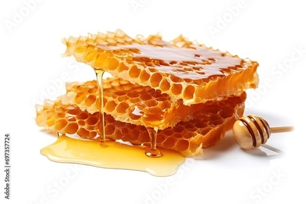 Fototapeta A pile of beehives with melting honey underneath on a white background