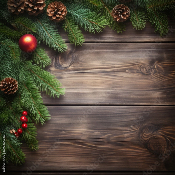 Fototapeta Creative layout frame made of Christmas tree branches and pine cones ON WOODEN BACKGROUND