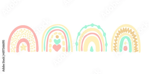 Fototapeta Doodle rainbows colored set. Cute decoration elements. Baby boho style, delicate pastel colors. Colored vector illustration. Scandinavian nordic ornaments.