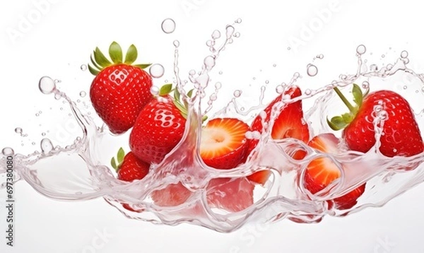 Fototapeta Several fresh, red strawberries fell into the clear water. generative AI