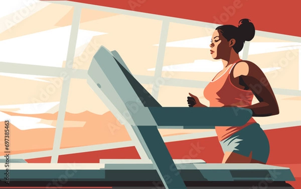 Obraz A woman with dark skin running on a treadmill at a modern gym.