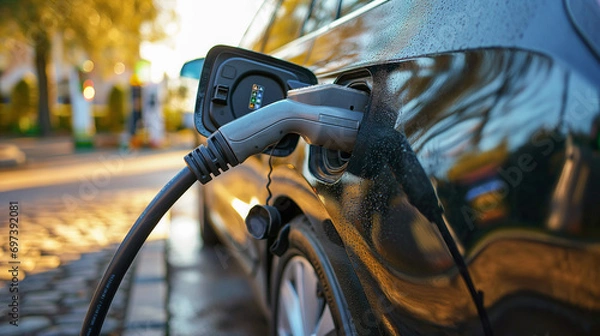Fototapeta Close-up of a gas pump nozzle filling up an electric vehicle, focused on the EV emblem. Emission reductions.