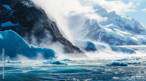 Fototapeta Sweeping landscape image of melting glaciers flowing into the ocean.  Sea levels and global warming.