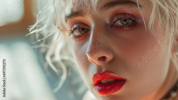 Fototapeta teenage blonde girl with make up on and having fun, in the style of queercore, colorized