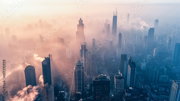 Fototapeta An aerial view of a big city skyline with smog and pollution visibly engulfing the buildings and streets. The image aims to convey air pollution's prevalence and risks.