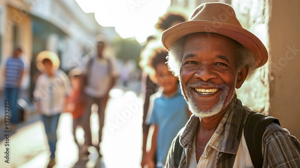 Fototapeta An elderly man smiling with a hat