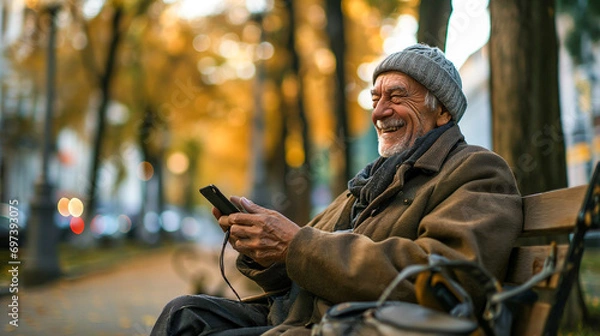 Fototapeta An elderly man smiling as he texts on his smartphone while sitting on a park bench. Trees blurred in the background.